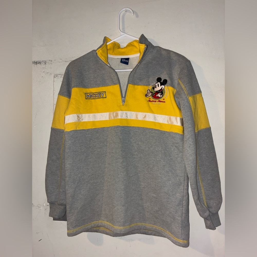 Disney Mickey Mouse Quarter Zip Youth XL Gray Yellow Y2K Pullover